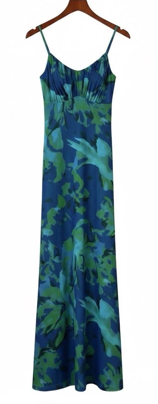 PRETTYGARDEN Floral Maxi Dress XL Blue Green Bodycon Spaghetti Strap NWT